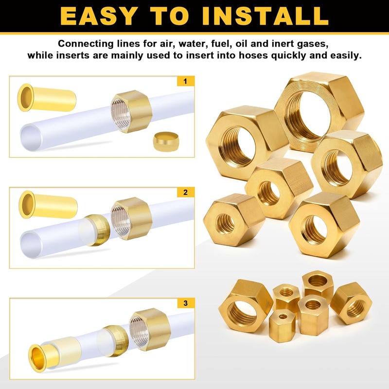Siptenk 25PCS 1/8" Brass Compression Nuts, Brass Compression Fitting for Air Brake Lines, Water, Oil, Fuel Inert Gases Plumbing System - Image 5